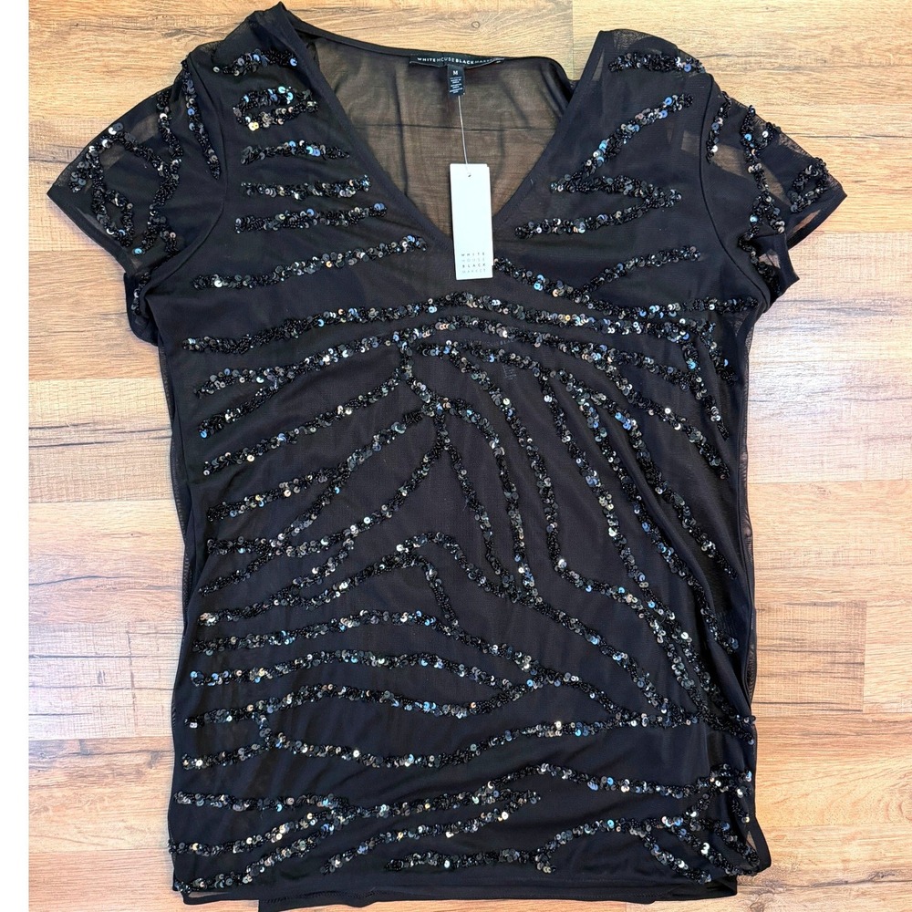 White House Black Market Top Black Sequin Zebra Mesh V-Neck Blouse NWT M